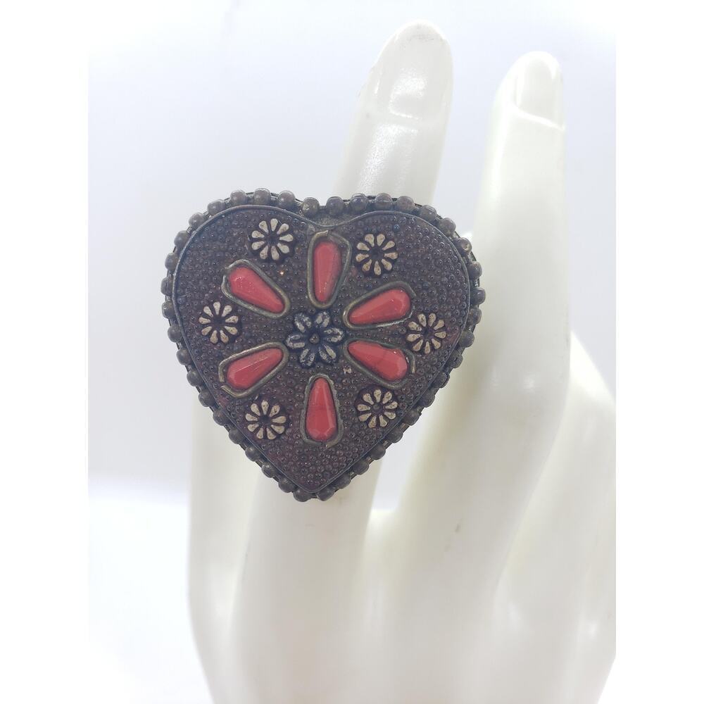 Vintage Boho Heart BIG Ring Brass with Coral Inlay Floral Southwest Design 4.25